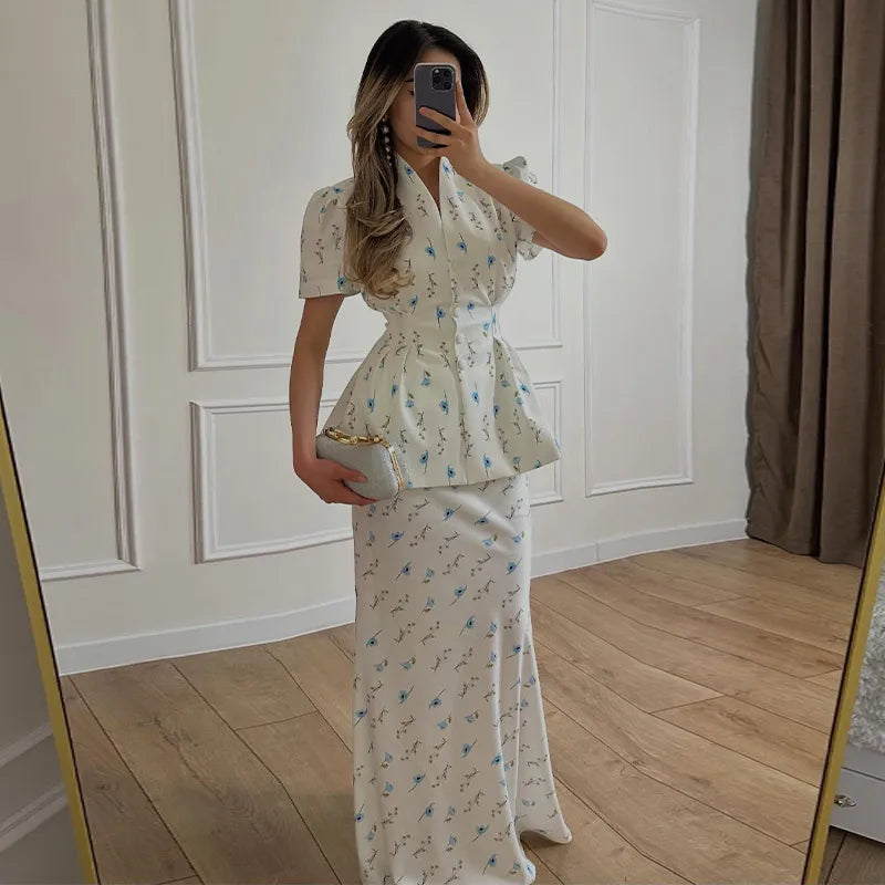 Floral Printed Blazer Shirt Maxi Skirt 2 Piece