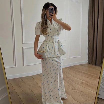 Floral Printed Blazer Shirt Maxi Skirt 2 Piece