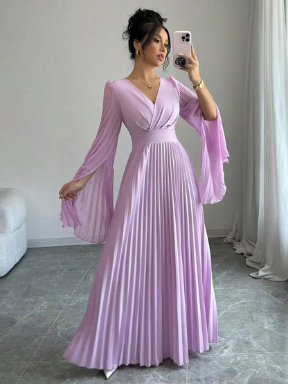 V-Neck Pleated Maxi Dress