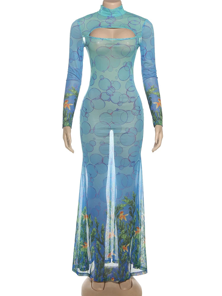 Colorful Print  See Through Sexy Dress