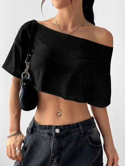 White Asymmetrical Off-Shoulder Crop Top,