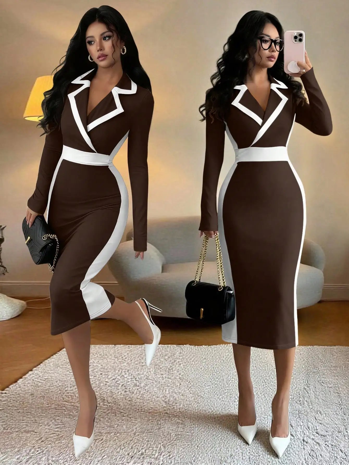 Black & White Contrast Blazer Collar Bodycon Dress,