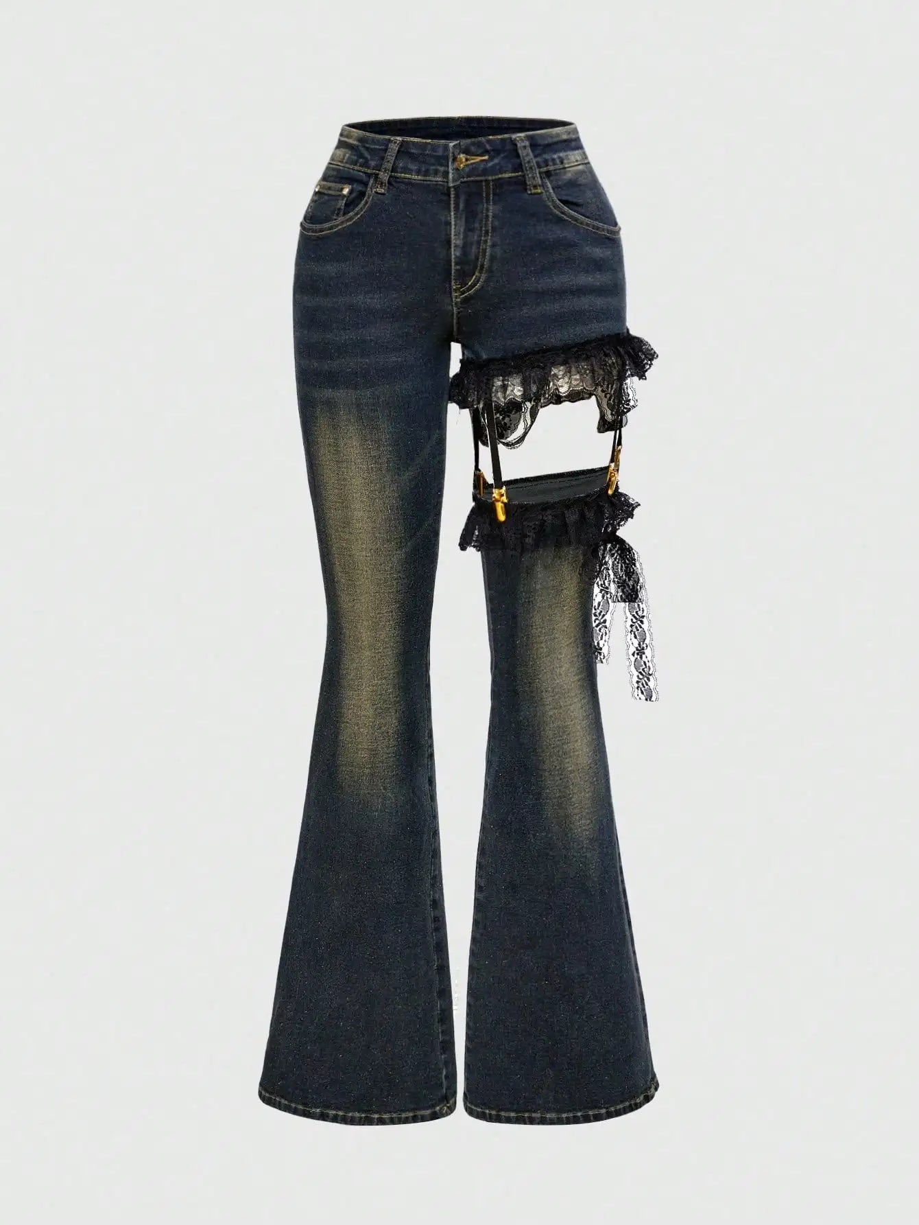Lace Patchwork Low Waist Flared Denim Jeans