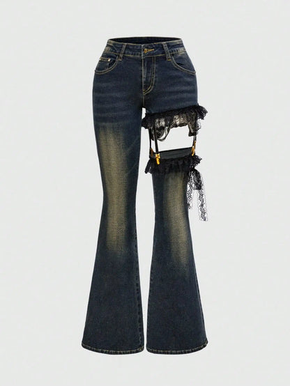 Lace Patchwork Low Waist Flared Denim Jeans