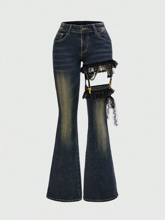 Lace Patchwork Low Waist Flared Denim Jeans