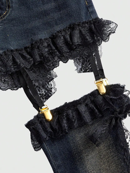 Lace Patchwork Low Waist Flared Denim Jeans