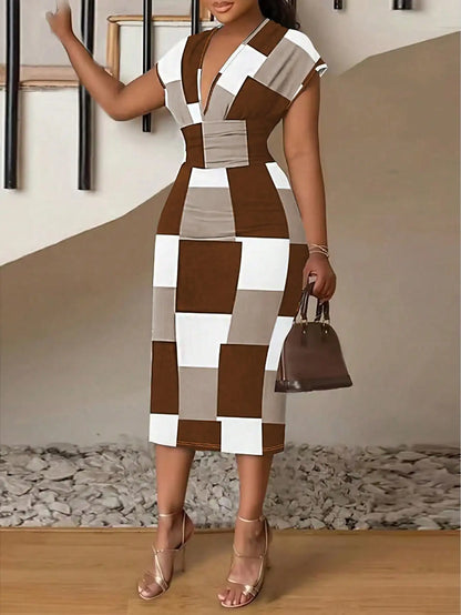 Deep V Neck Color block Midi Dress