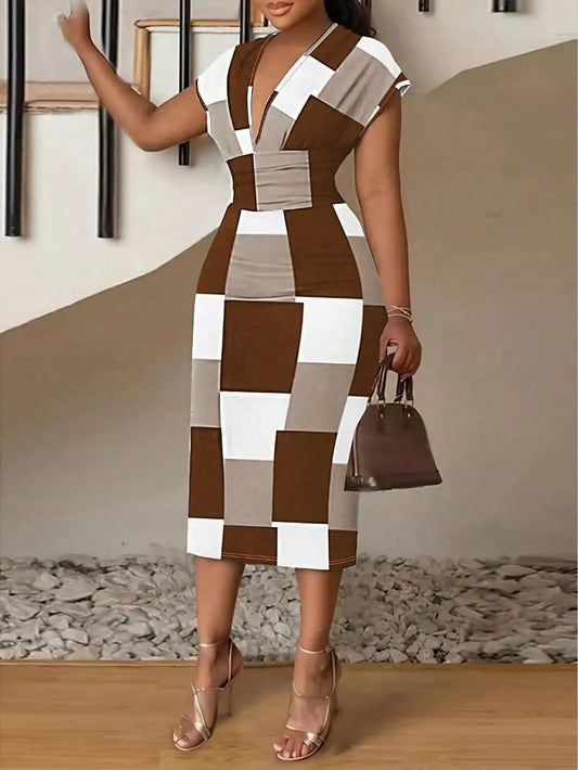 Deep V Neck Color block Midi Dress