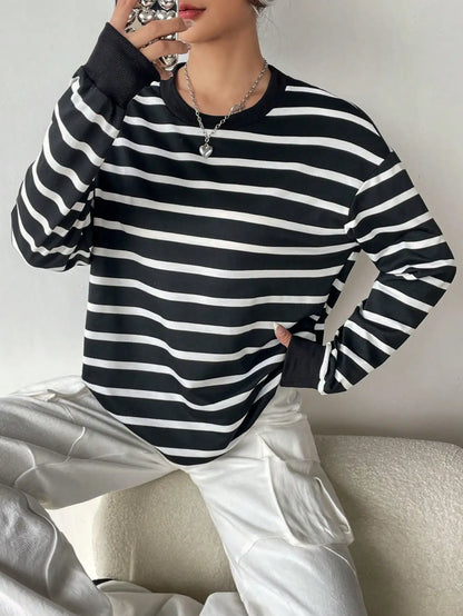 Women's White Black Striped Long Sleeve Sweater
