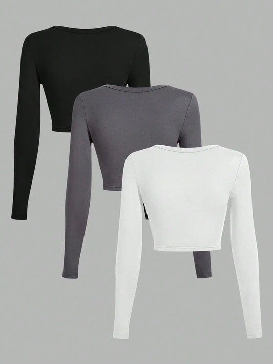 3-Pack Women's U-Neck Cropped Long Sleeve T-Shirts,