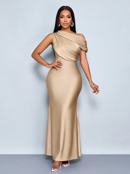 Elegant Satin One-Shoulder Fishtail Maxi Dress