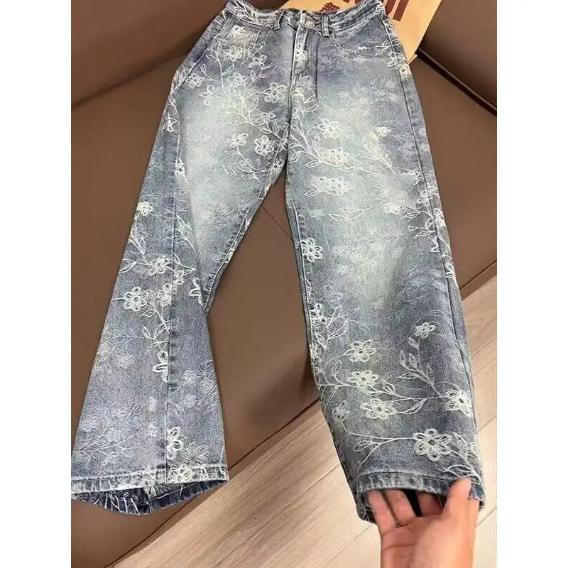 Retro Floral Washed Loose Jeans Casual