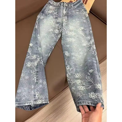 Retro Floral Washed Loose Jeans Casual