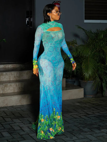 Colorful Print  See Through Sexy Dress