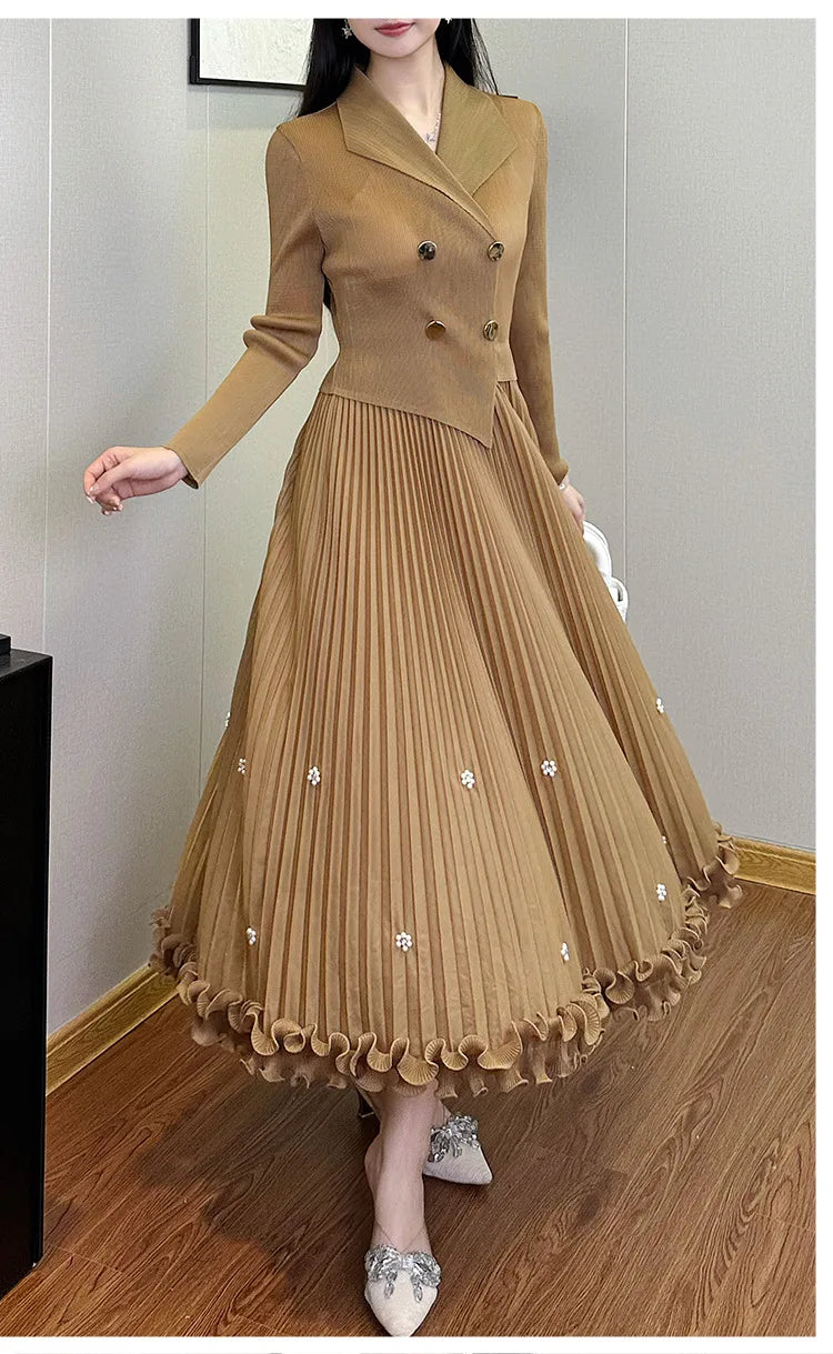 Pleated Long Dress Double Breasted