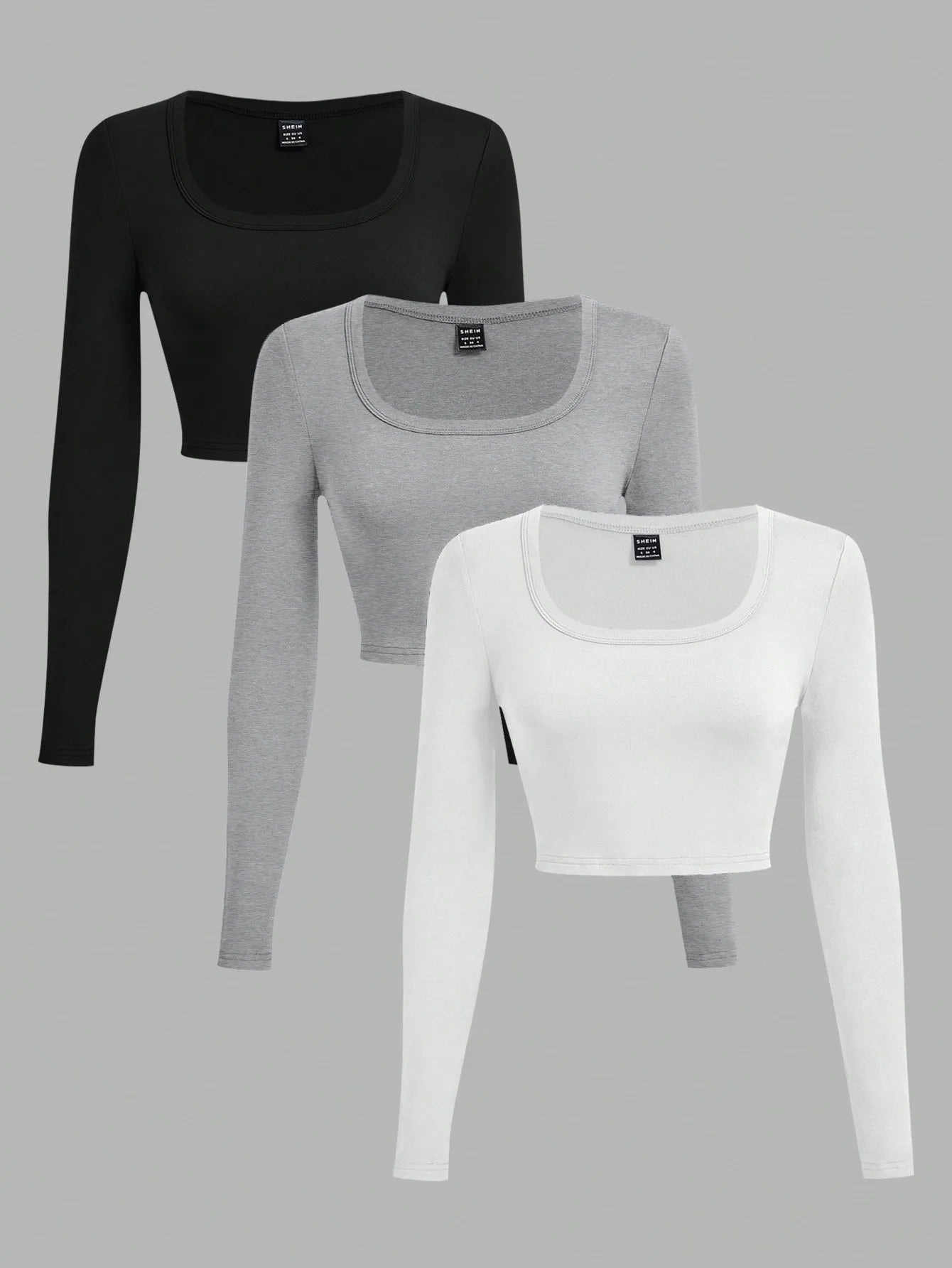 3-Pack Women's U-Neck Cropped Long Sleeve T-Shirts,