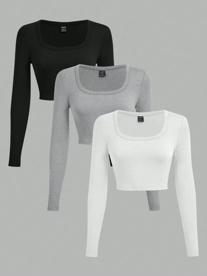 3-Pack Women's U-Neck Cropped Long Sleeve T-Shirts,