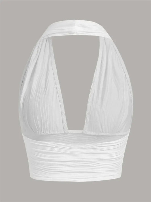 Solid White Backless Crop Halter Top