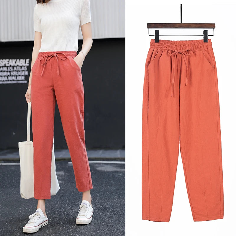Cotton Linen Solid Elastic Waist Pants