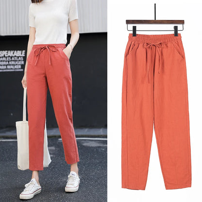 Cotton Linen Solid Elastic Waist Pants