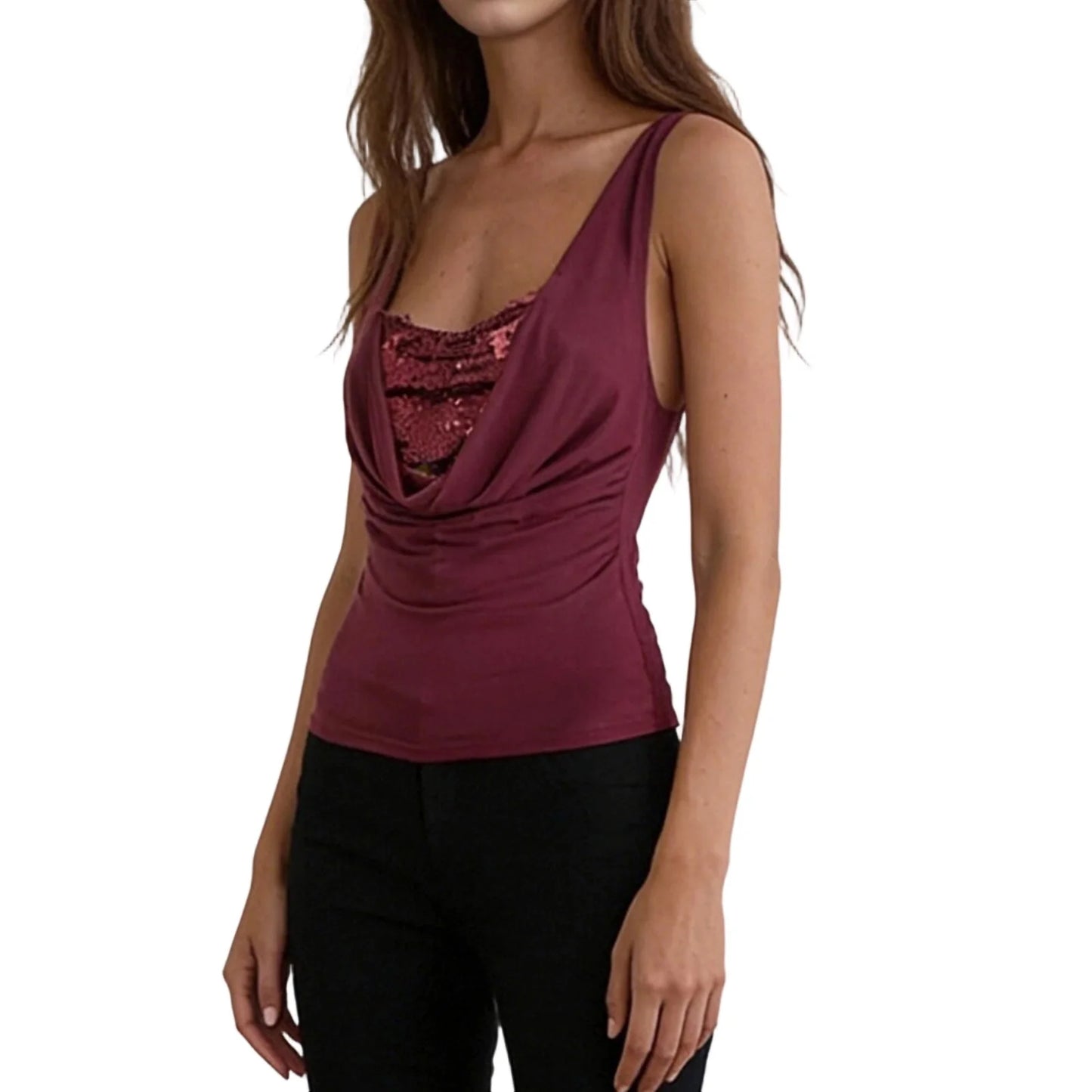 Women s Sleeveless Sequin Embellished Cowl Neck Tank