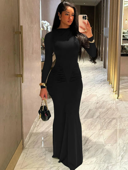 Long Sleeve Draped Sexy Bodycon Maxi Dress