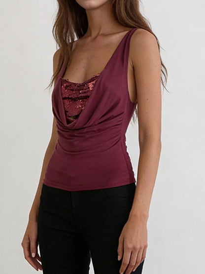 Women s Sleeveless Sequin Embellished Cowl Neck Tank
