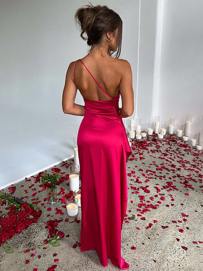One Shoulder Satin Dress Backless High Split