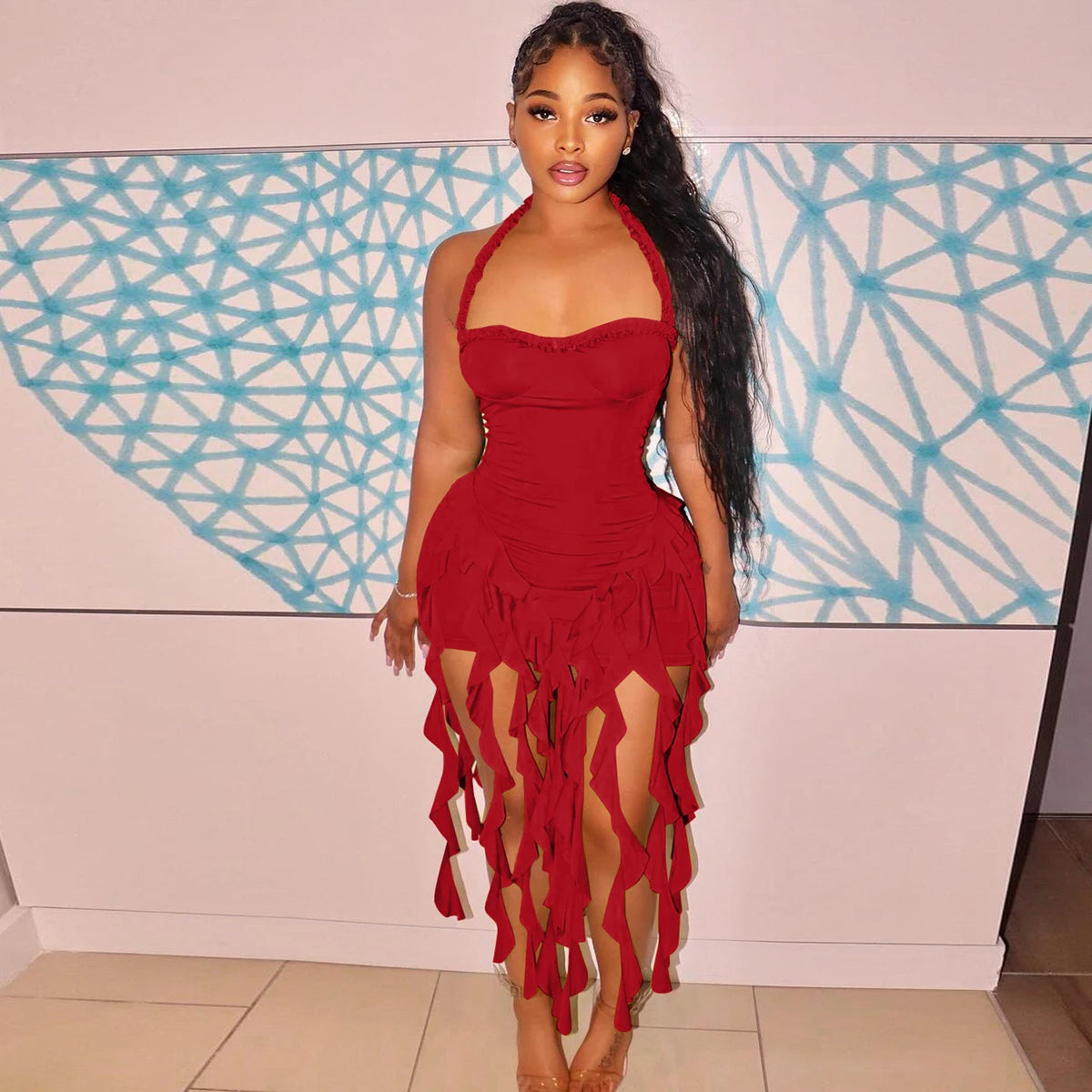Hugcitar Elegant Halter Solid Ruffles Backless Taseel Sexy Slim Mini Dress Spring Women Cute Outfits Birthday Party Vacation