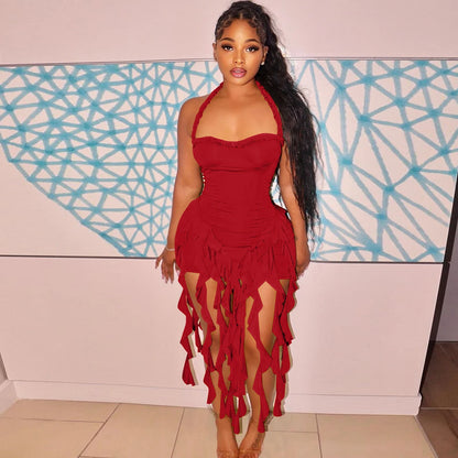 Hugcitar Elegant Halter Solid Ruffles Backless Taseel Sexy Slim Mini Dress Spring Women Cute Outfits Birthday Party Vacation