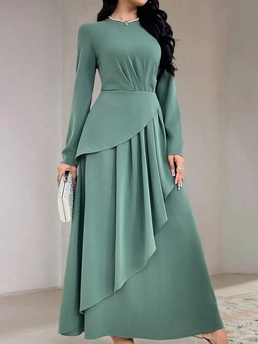 Sage Green Round Neck Long Sleeve Dress