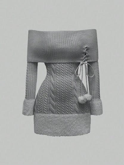 Kawaii Off Shoulder Fuzzy Sweater Dress