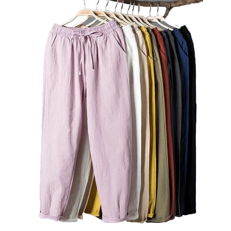 Cotton Linen Solid Elastic Waist Pants