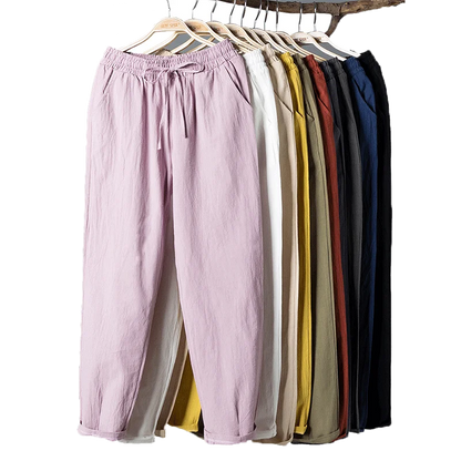 Cotton Linen Solid Elastic Waist Pants
