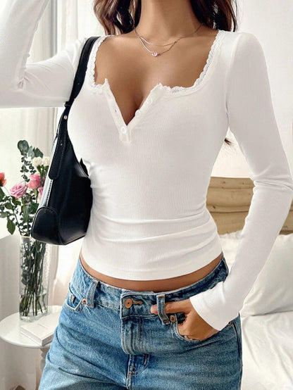 Lace Button Tops  Long Sleeve T-shirts