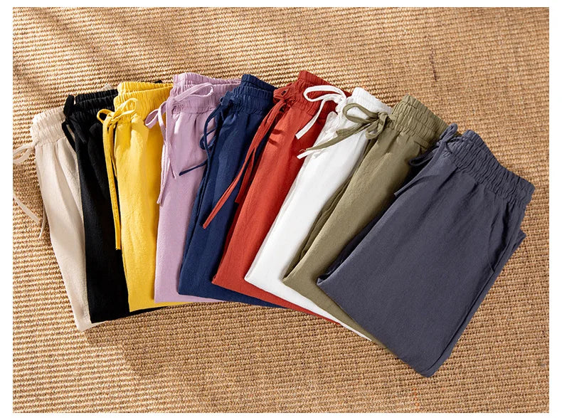 Cotton Linen Solid Elastic Waist Pants