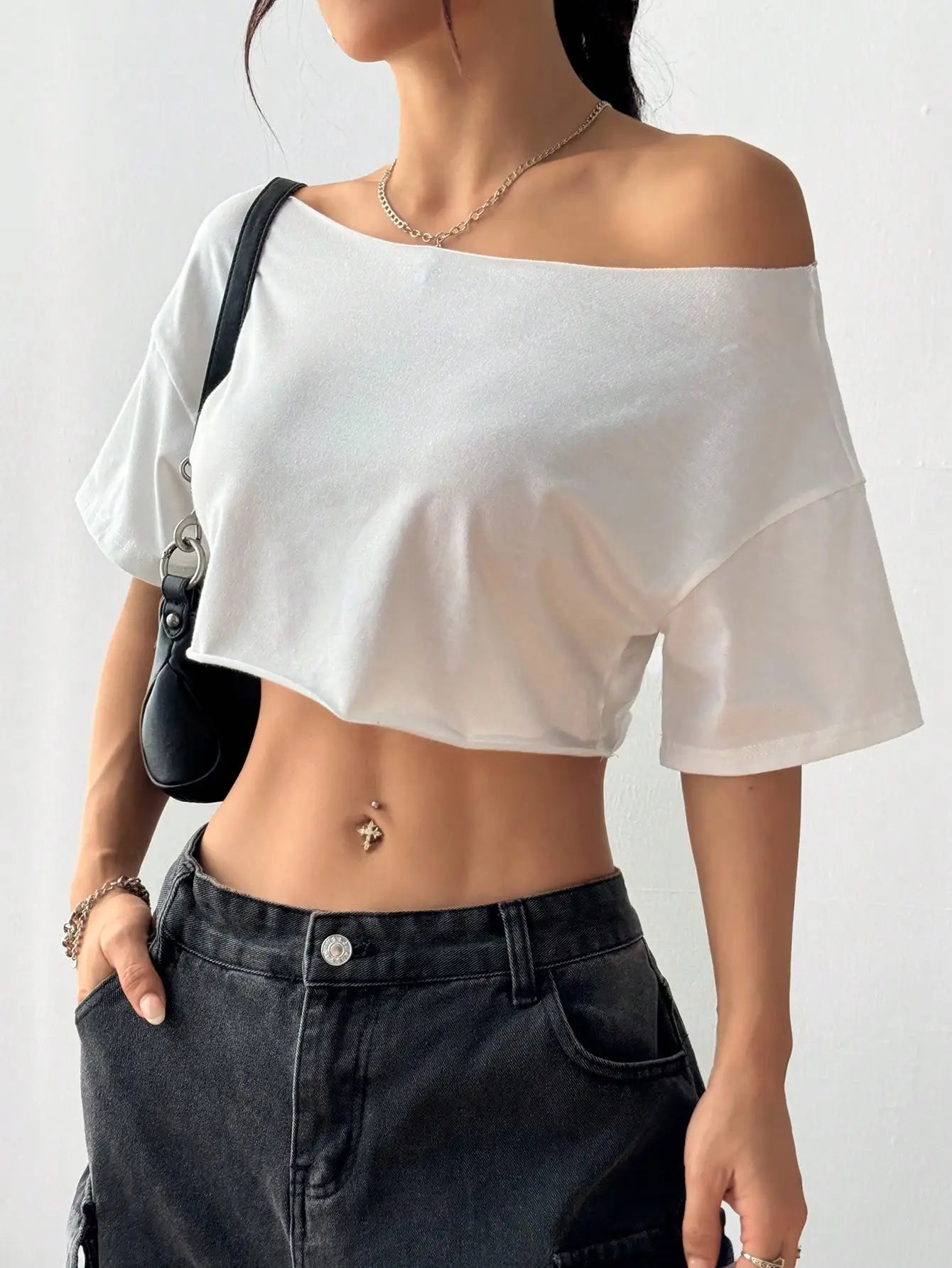 White Asymmetrical Off-Shoulder Crop Top,