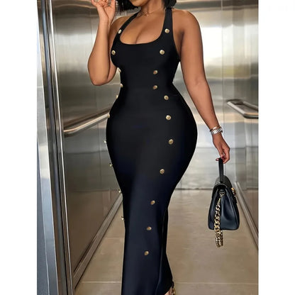 Elegant Patchwork Button Halter Neck Maxi Dress