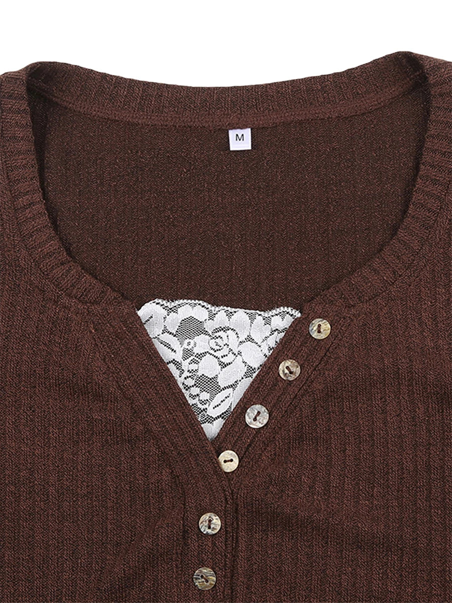 Button Front Knit Tops Long Sleeve