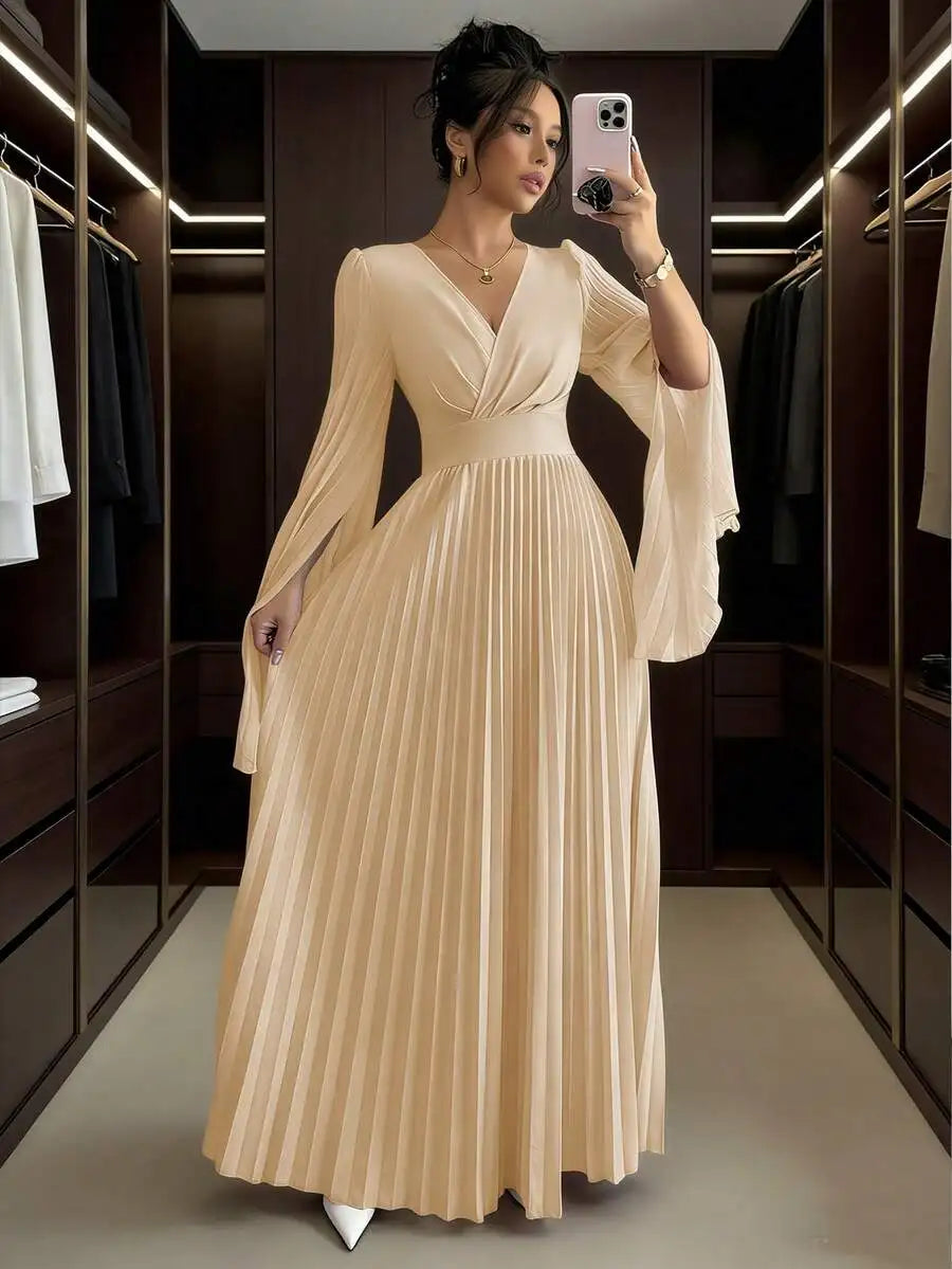 V-Neck Pleated Maxi Dress