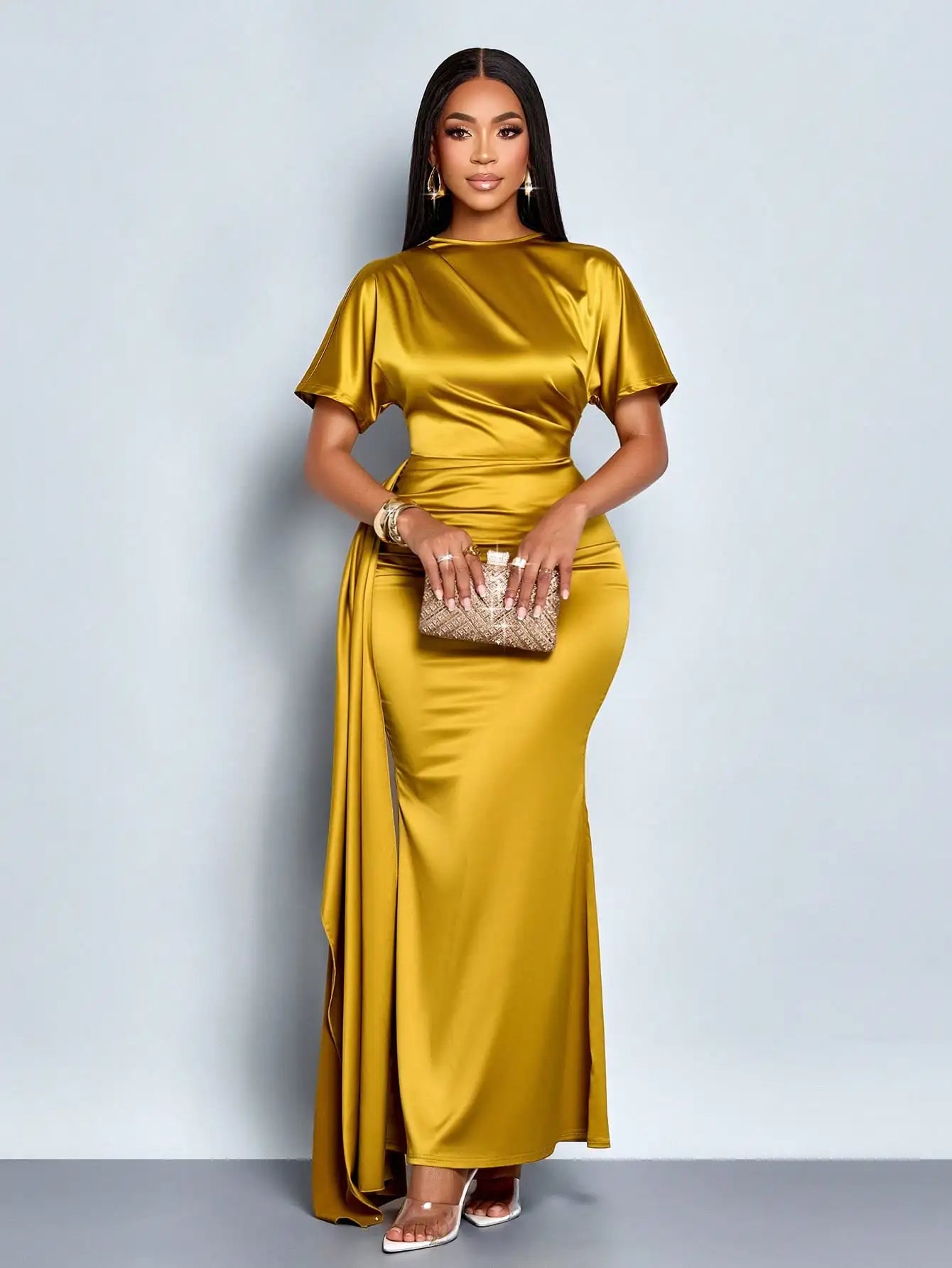 Elegant Gold Satin Maxi Dress