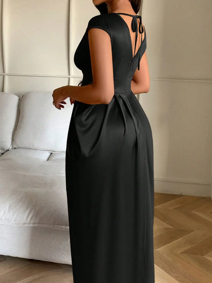 Elegant Black Satin V-Neck Wrap Dress