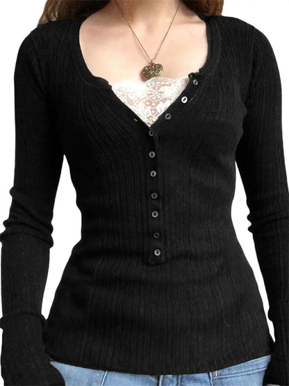 Button Front Knit Tops Long Sleeve
