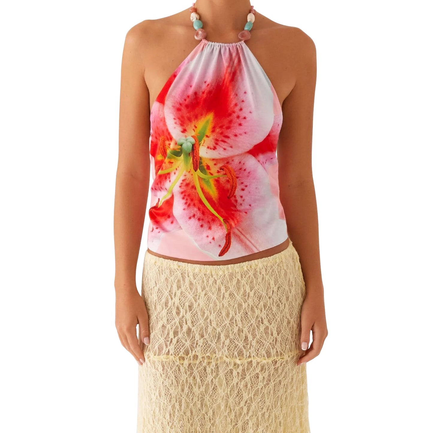 Floral Print Halter Neck Crop Top Open Back Sleeveless