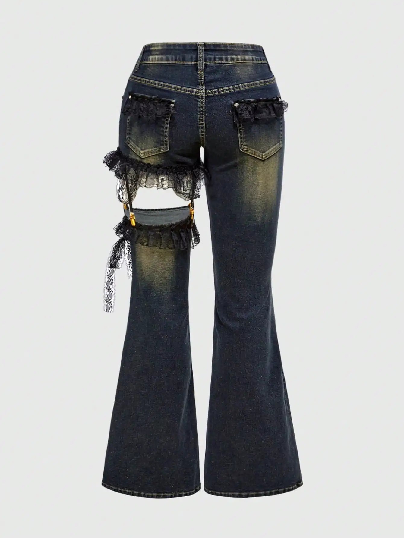 Lace Patchwork Low Waist Flared Denim Jeans