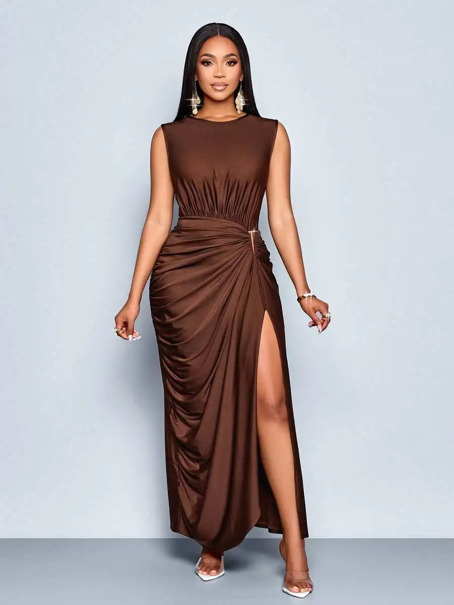 Women's Satin Solid Ruched Waist Sleeveless Maxi Dress