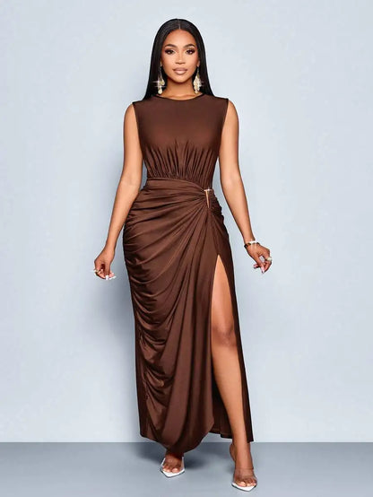 Women's Satin Solid Ruched Waist Sleeveless Maxi Dress