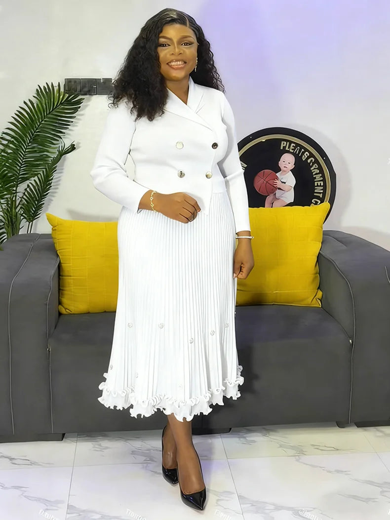Pleated Long Dress Double Breasted