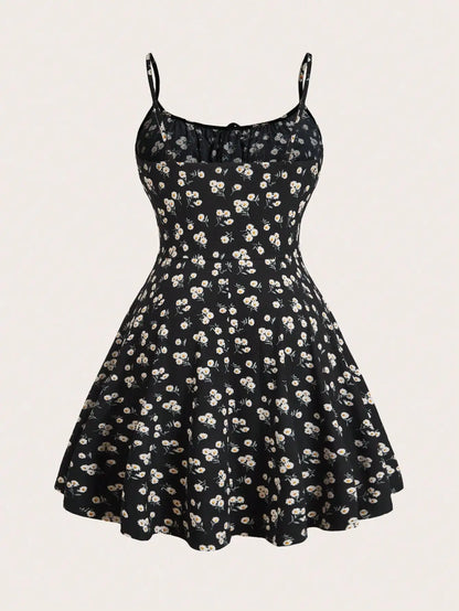 floral elegant sleeveless thin strap camisole dress