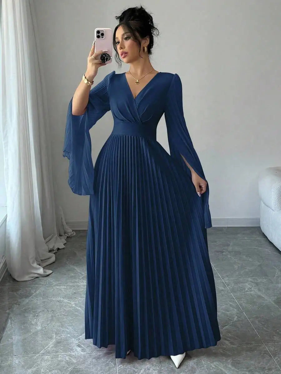 V-Neck Pleated Maxi Dress